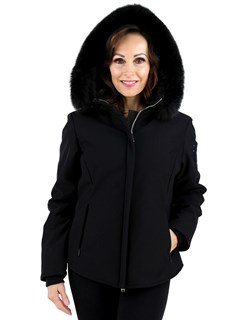 Woman's Black Fabric Ski Jacket with Fox Hood