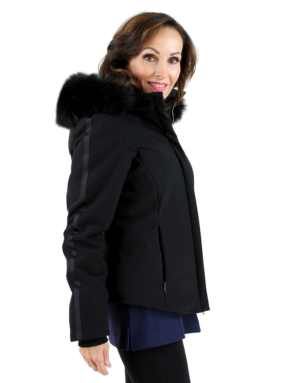 Black Fabric Ski Jacket with Fox Hood - Women's Medium | Day Furs