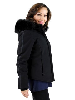 Woman's Black Fabric Ski Jacket with Fox Hood
