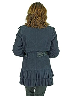 Woman's Navy Suede Belted Jacket with Black Leather Trim