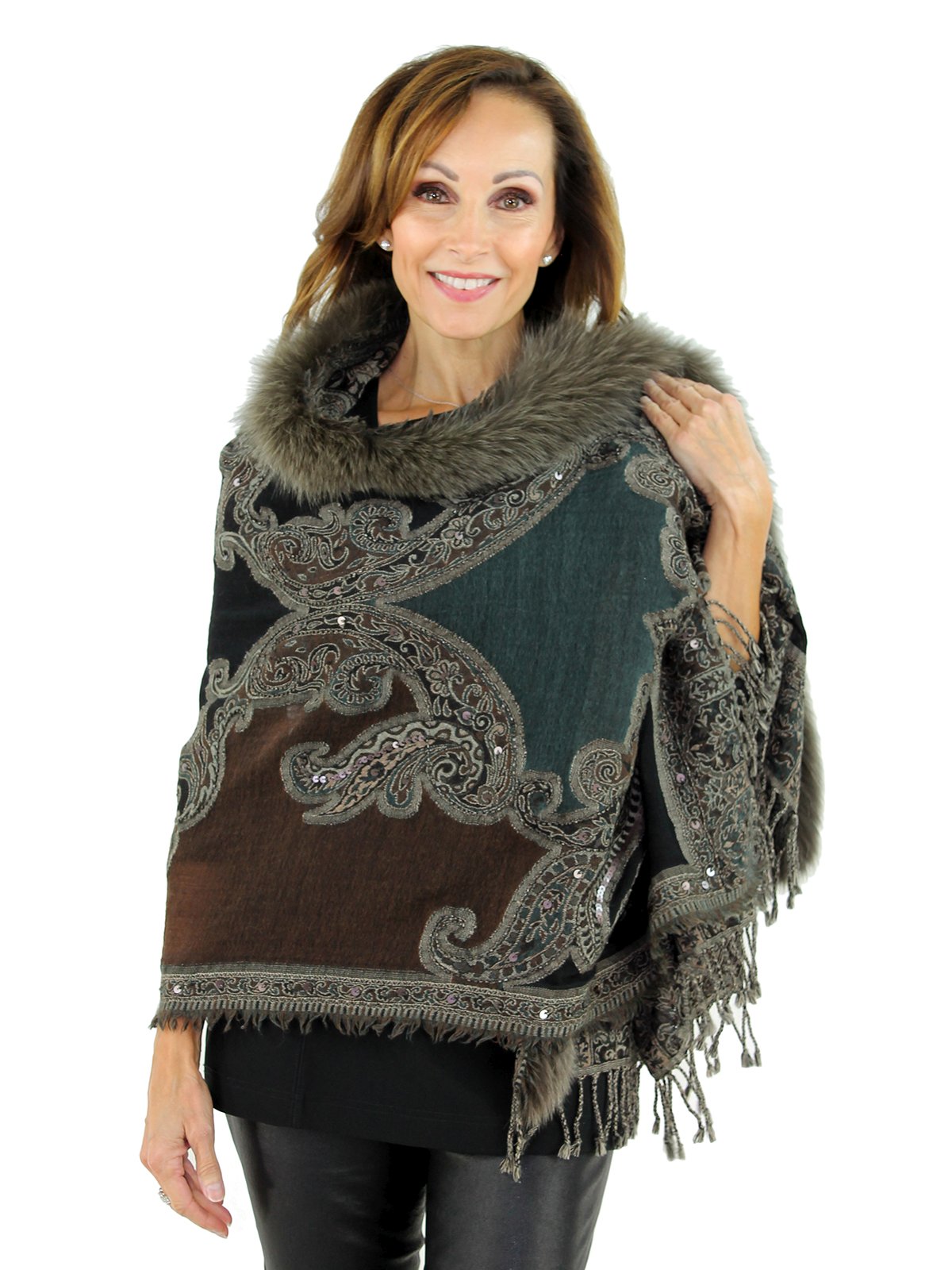 Women's Mocha Woven Wool and Fabric Wrap with Fox Fur Trim