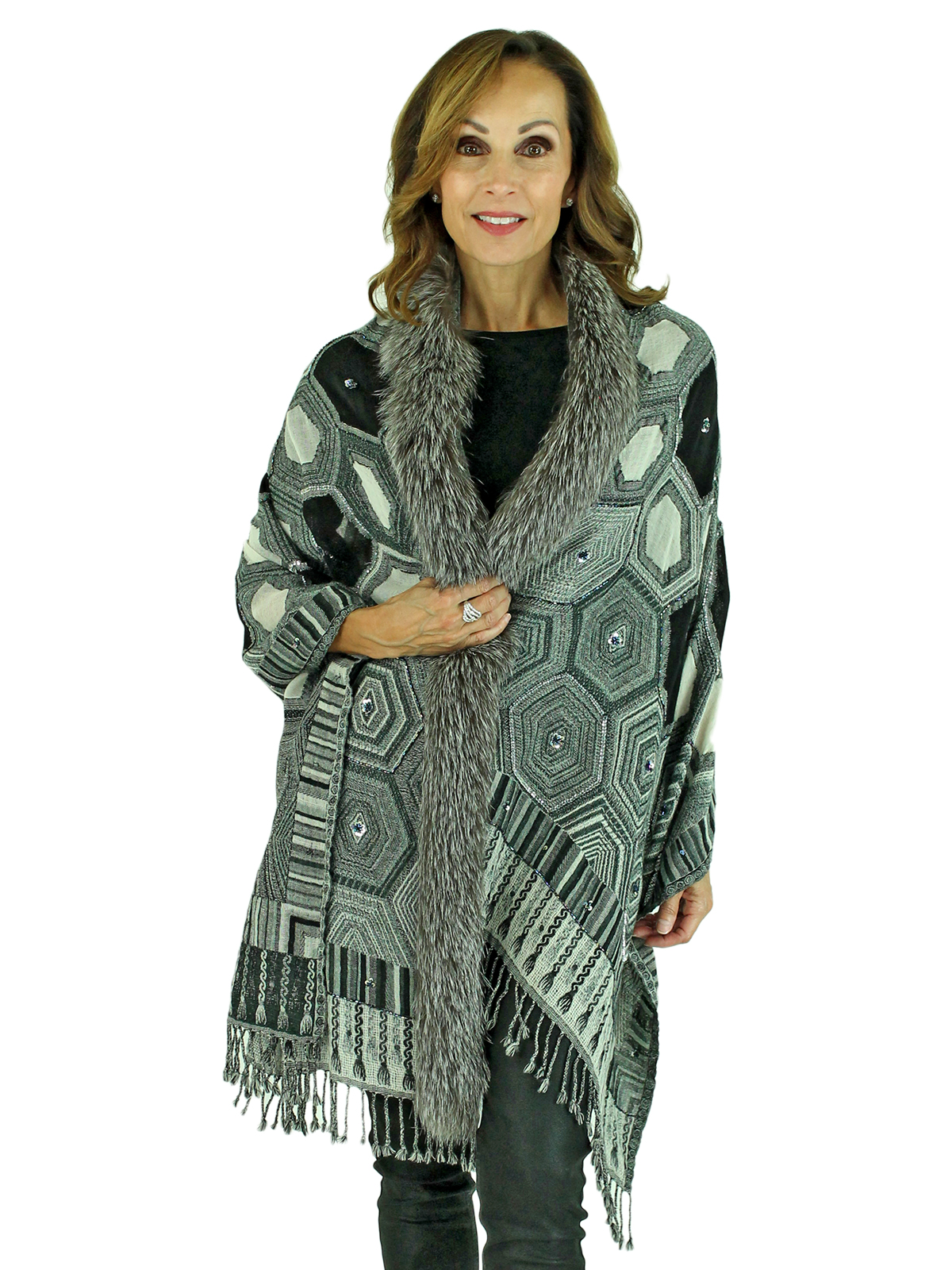 Grey and Black Woven Wool Shawl with Matching Fox Trim - Women's Wool ...