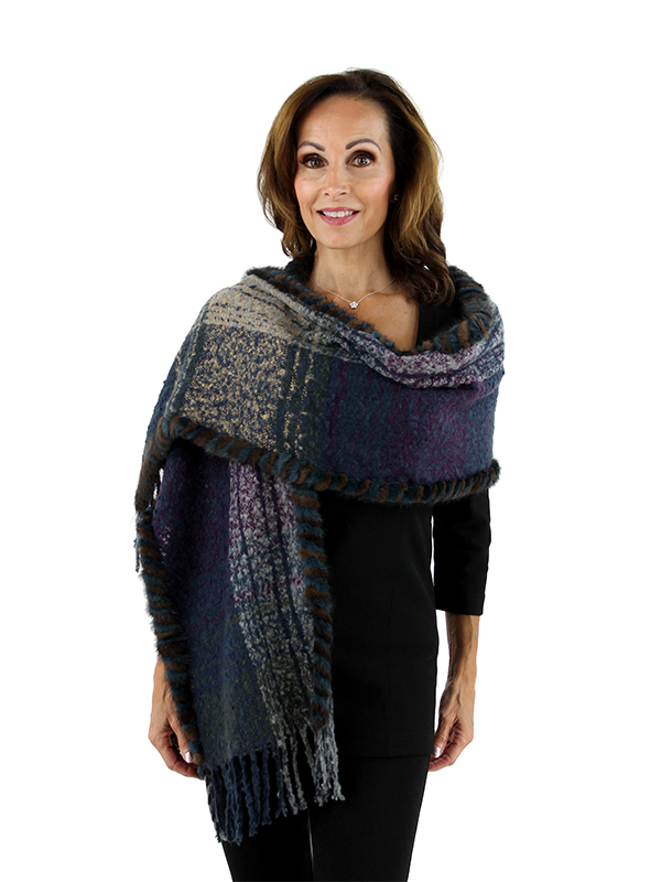 Purple and Slate Woven Fabric Scarf with Mink Fur Trim | Day Furs