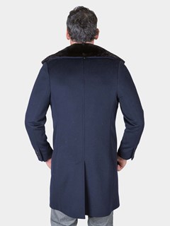 Man's Navy Cashmere Wool 3/4 Coat with Detachable Mink Fur Collar