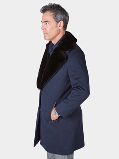 Man's Navy Cashmere Wool 3/4 Coat with Detachable Mink Fur Collar