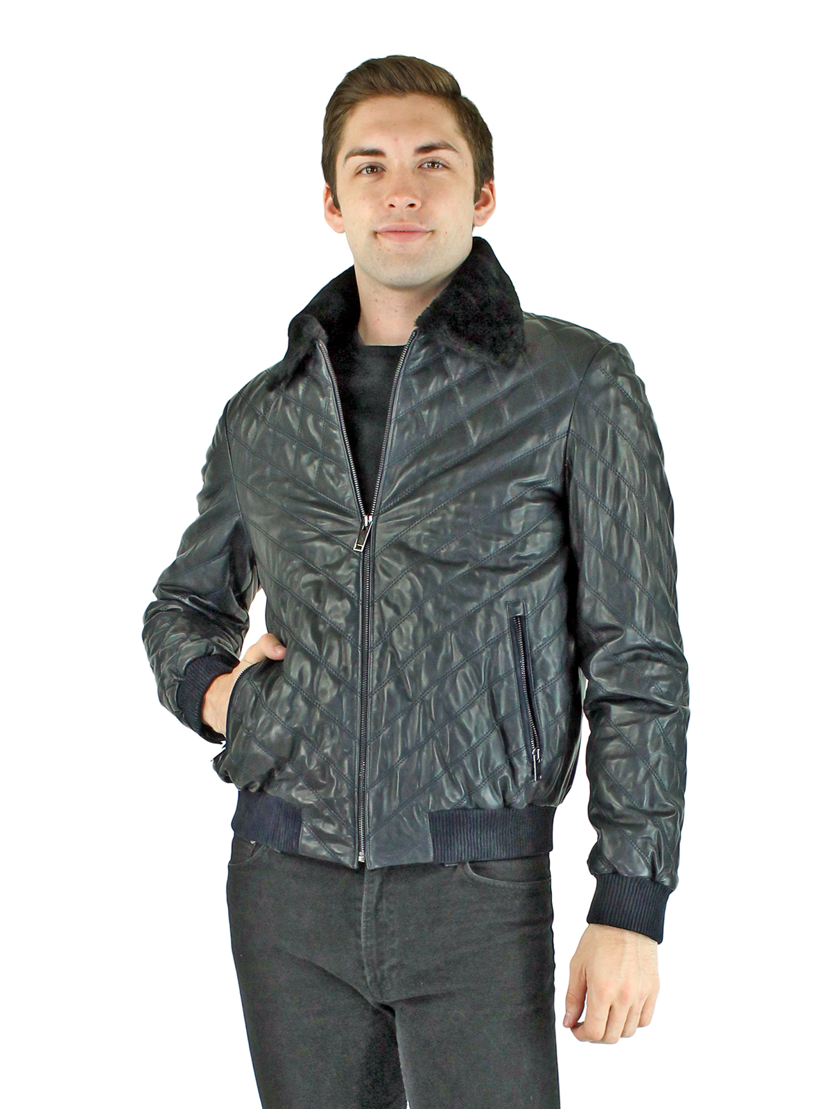 Man's Navy Leather Puffer Jacket with Shearling Lamb Collar