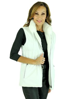 Woman's White Sheared Rex Rabbit Fur and Knit Vest Reveres to White Leather and Knit