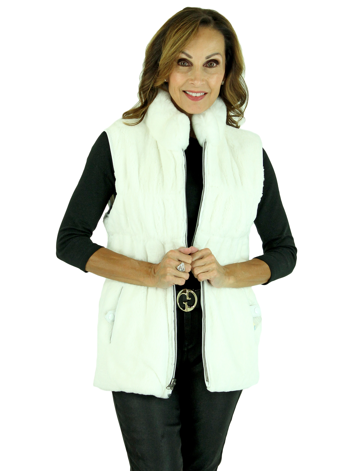 Woman's White Sheared Rex Rabbit Fur and Knit Vest Reveres to White Leather and Knit