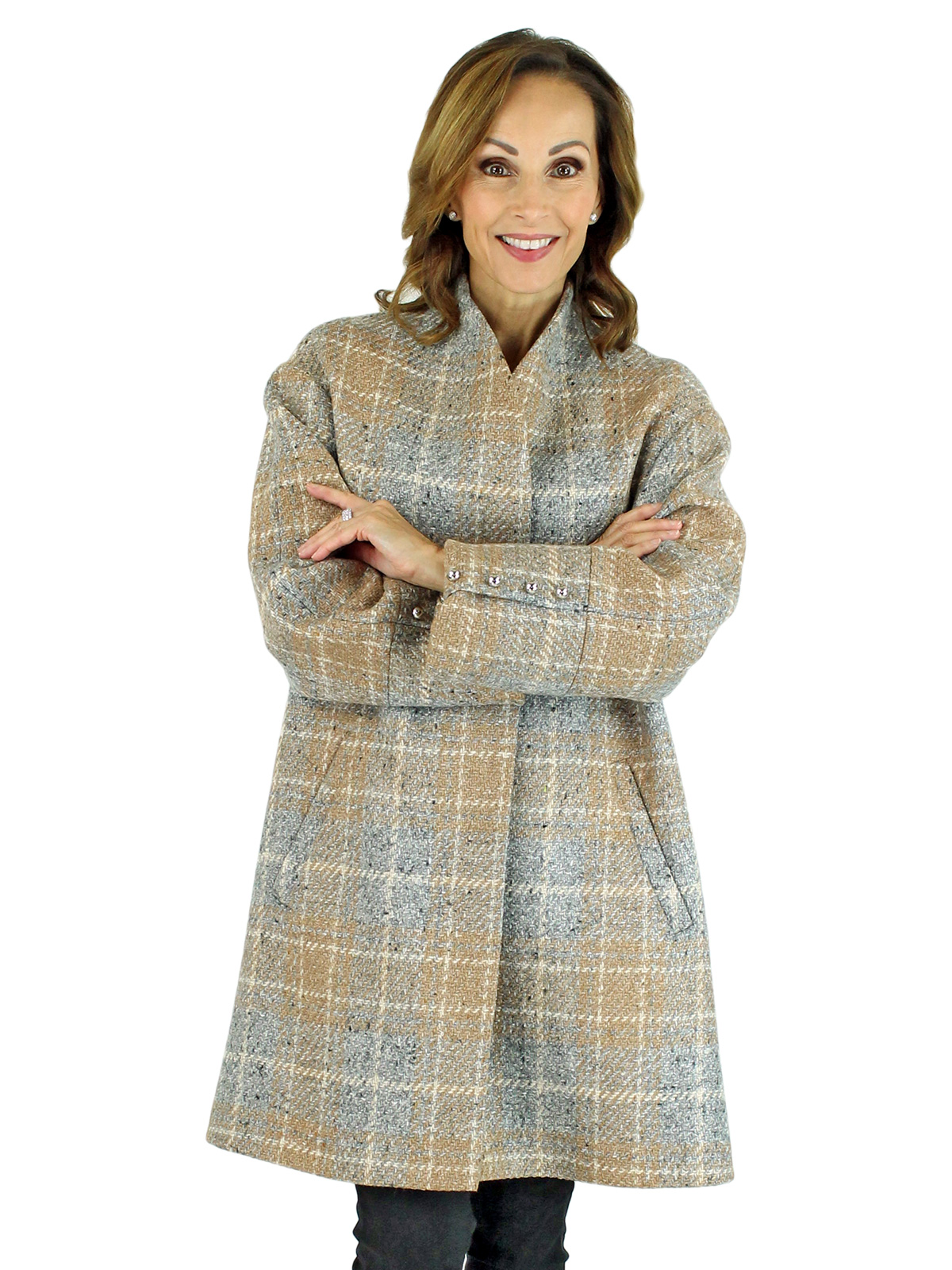 Woman's Beige and Grey Woven Wool 7/8 Coat