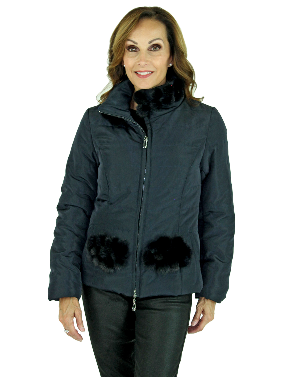 Woman's Navy Quilted Fabric Zipper Jacket with Matching Mink Fur Trim