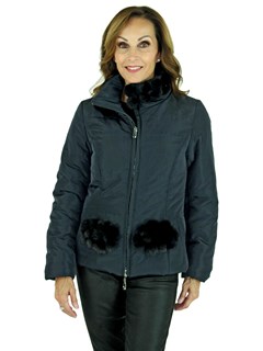 Woman's Navy Quilted Fabric Zipper Jacket with Matching Mink Fur Trim