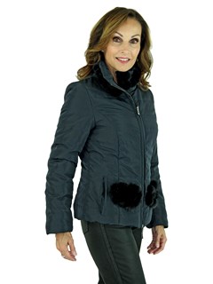 Woman's Navy Quilted Fabric Zipper Jacket with Matching Mink Fur Trim