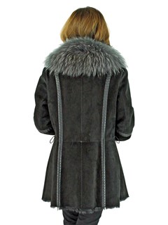 Woman's Black Goat Suede Jacket with Grey Finn Raccoon Fur Collar