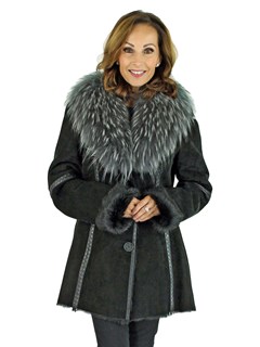 Woman's Black Goat Suede Jacket with Grey Finn Raccoon Fur Collar