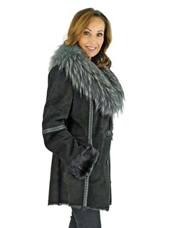 Woman's Black Goat Suede Jacket with Grey Finn Raccoon Fur Collar