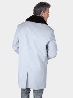 Man's Light Grey Cashmere Wool 3/4 Coat with Detachable Mink Fur Collar