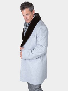 Man's Light Grey Cashmere Wool 3/4 Coat with Detachable Mink Fur Collar