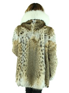 Woman's Natural Cat Lynx Parka with White Fox Fur Trim