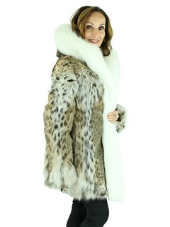 Woman's Natural Cat Lynx Parka with White Fox Fur Trim