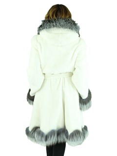 Woman's White Mink Fur Hooded Stroller with Silver Fox Fur Trim