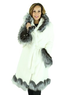 Woman's White Mink Fur Hooded Stroller with Silver Fox Fur Trim