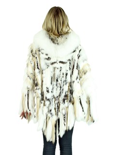 Woman's White Knitted Rex Rabbit and Raccoon Fur Poncho