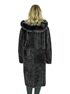 Woman's Black Shearling Lamb Coat Reversible To Black Leather with Fox Fur Trimmed Hood