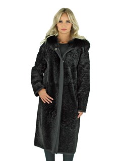 Woman's Black Shearling Lamb Coat Reversible To Black Leather with Fox Fur Trimmed Hood