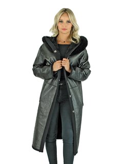 Woman's Black Shearling Lamb Coat Reversible To Black Leather with Fox Fur Trimmed Hood