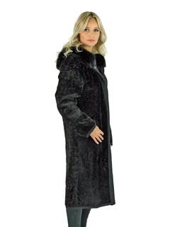 Woman's Black Shearling Lamb Coat Reversible To Black Leather with Fox Fur Trimmed Hood