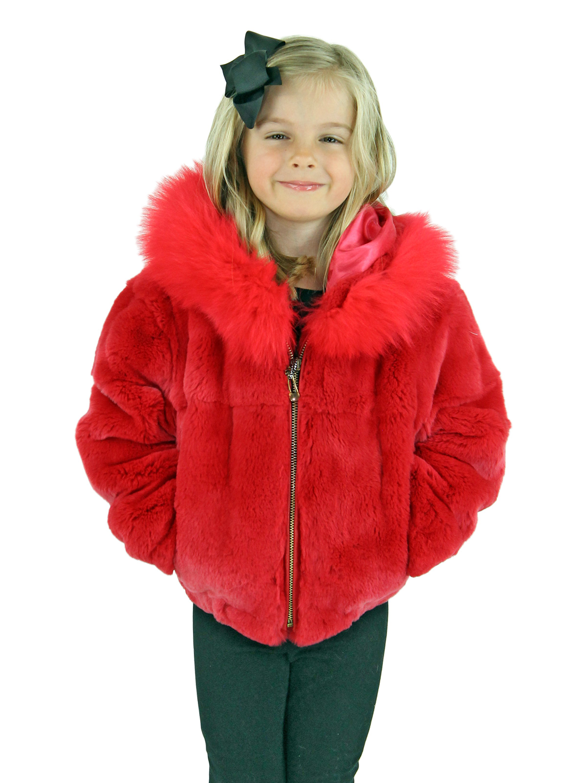 Kid's Coral Rex Rabbit Fur Jacket with Hood - Kid's Fur Jacket - Medium ...