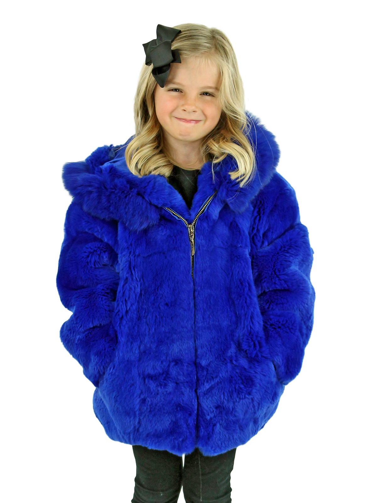 Kid's Royal Blue Rex Rabbit Fur Jacket with Hood - Kid's Fur Jacket ...