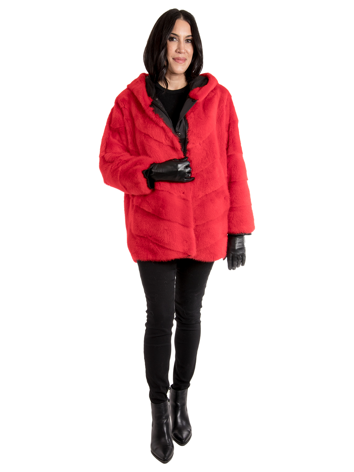 Women's Red Mink Fur Parka Reversible to Black Rain Fabric