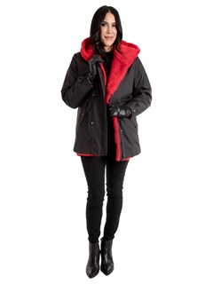 Women's Red Mink Fur Parka Reversible to Black Rain Fabric
