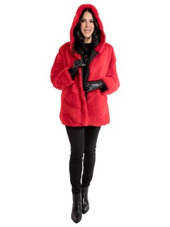 Women's Red Mink Fur Parka Reversible to Black Rain Fabric