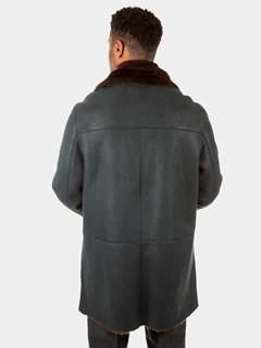 Man's Navy Shearling 3/4 Coat with Brown Fleece