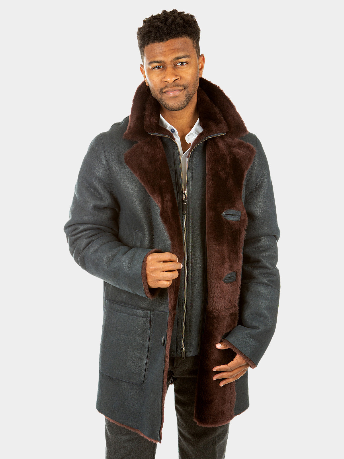 Man's Navy Shearling 3/4 Coat with Brown Fleece