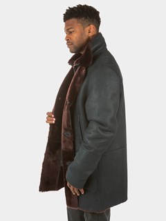 Man's Navy Shearling 3/4 Coat with Brown Fleece