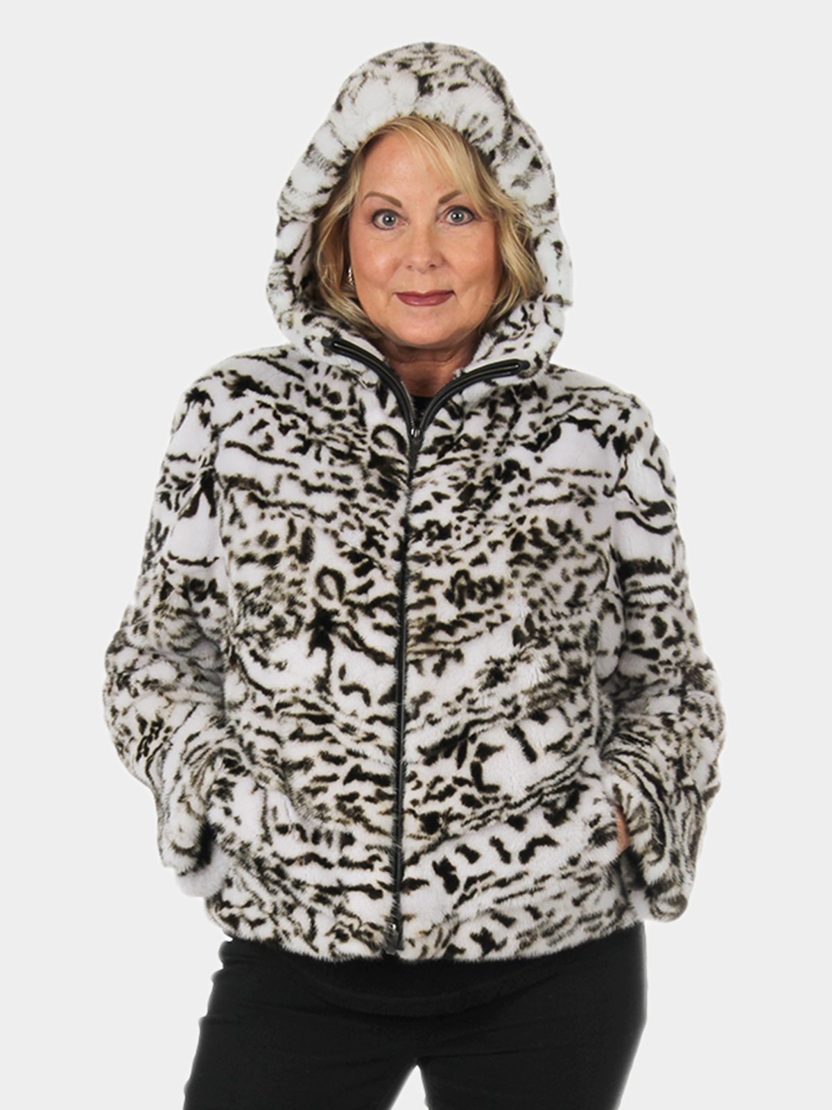 Gorski Woman's White Animal Print Mink Fur Parka