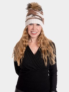 Woman's Sand Camo Cashmere Hat with Finn Raccoon Pom-Pom