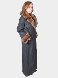 Woman's Black Fabric Taffeta Coat with Sheared Mink Fur Lining