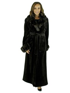 Woman's Brown Sheared Mink Fur Coat with Chinchilla Collar and Cuffs
