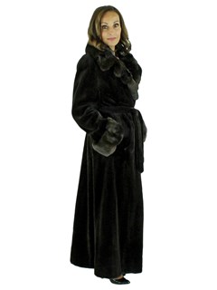 Woman's Brown Sheared Mink Fur Coat with Chinchilla Collar and Cuffs