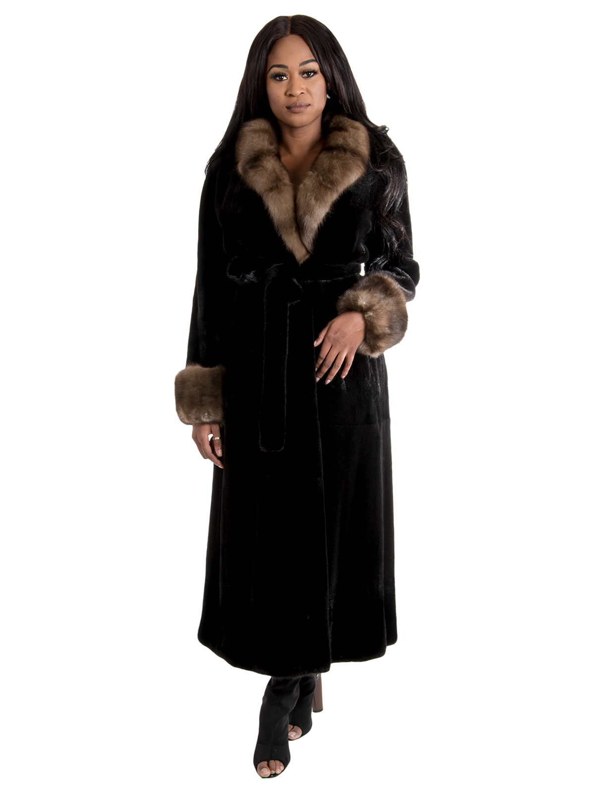 Women's Semi Sheared Ranch Mink Fur Coat with Sable Collar & Cuffs