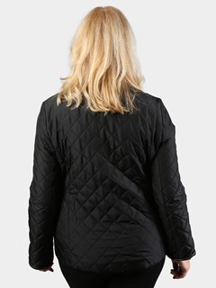 Woman's Black Quilted Fabric Jacket with Mink Collar