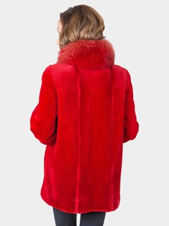Woman's Red Sheared Mink Fur Jacket with Fox Tuxedo Trim