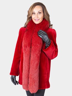 Woman's Red Sheared Mink Fur Jacket with Fox Tuxedo Trim