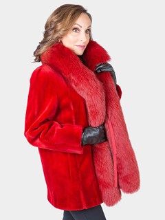 Woman's Red Sheared Mink Fur Jacket with Fox Tuxedo Trim