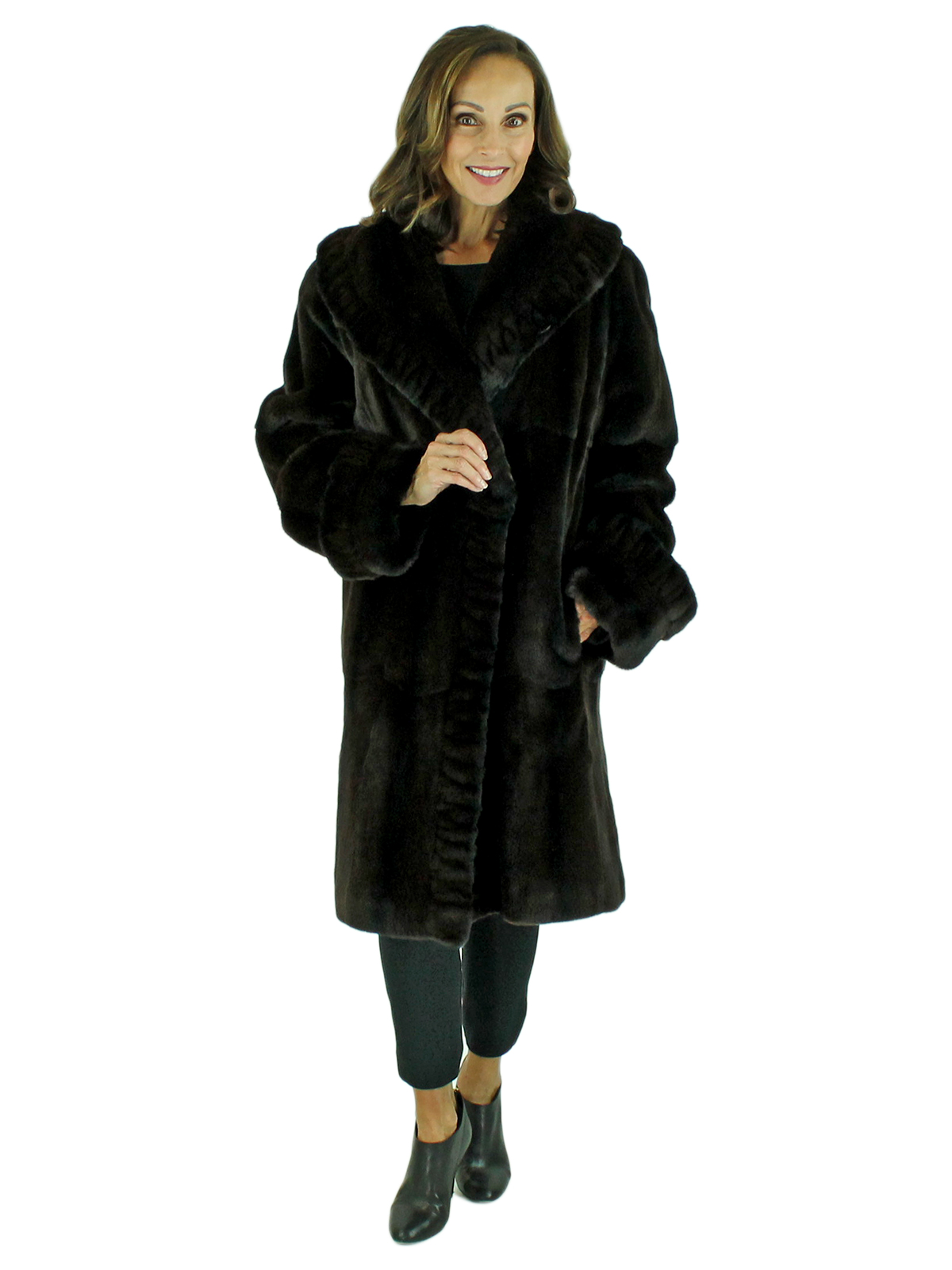 Woman's Dark Brown Sheared Mink 7/8 Coat Reversible to Rain Fabric