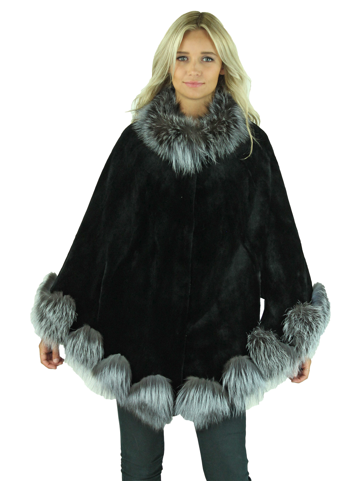 Woman's Black Sheared Mink Fur Cape with Silver Fox Trim
